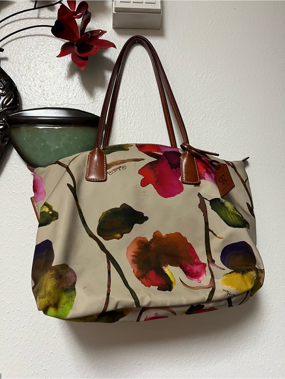 Women's Floral Canvas Tote Bag with Brown Leather Handles roberta pieri